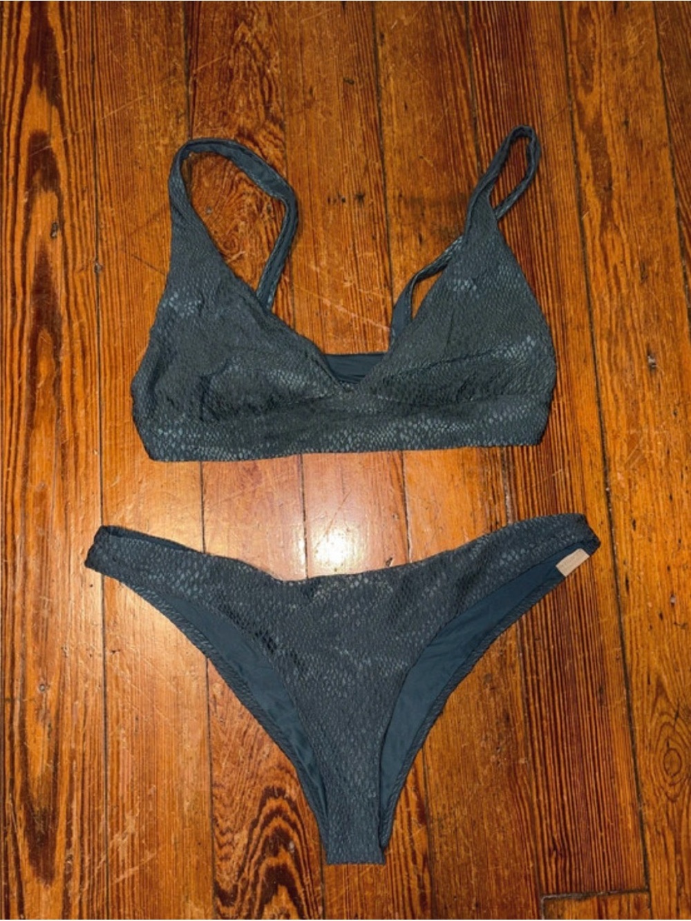 Classic Textured Dark Teal Bikini Set - Women's Swim